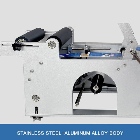Dead Simple Desktop Semi Automatic Labeling Machine With Built In Coding Printer For Round Bottles Up To 120 Millimeters showing stainless steel and aluminum alloy body design.