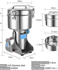Industrial Grade Electric Grain And Spice Grinder Pro Grade Stainless Steel Heavy Duty Pulverizer with dimensions and motor details.
