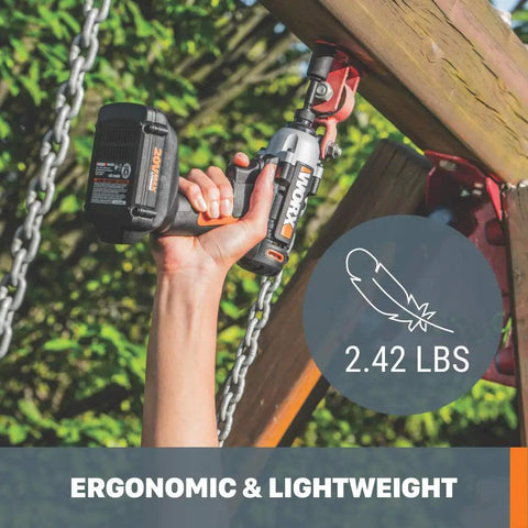 Compact 20V Cordless Impact Driver With LED Headlight Tiny But Mighty at 2.42 Lbs Design in use on wooden frame