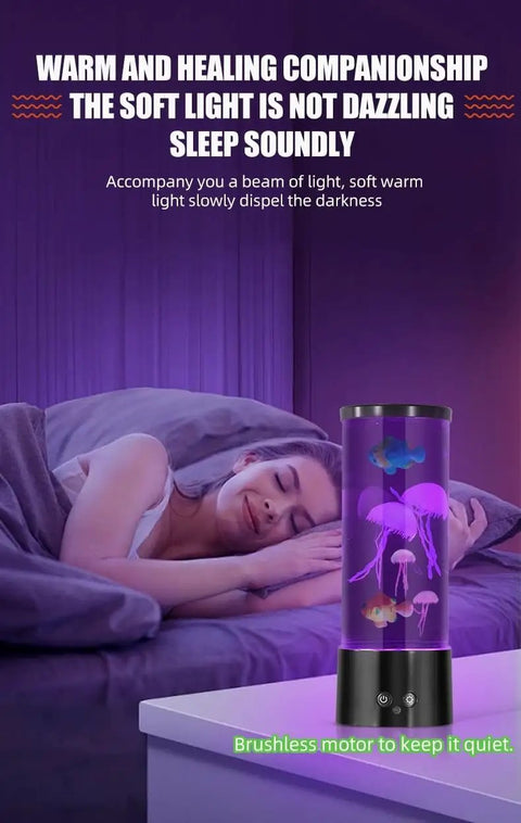 Jellyfish Lamp With 16 Color Changing Modes USB Powered Relax Mood Light beside sleeping person in dimly lit bedroom.