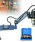 Pro Grade Electric Tapping Machine With Auto Oil Sprayer And Eight Piece Tap Collet Set with adjustable arm and control panel.