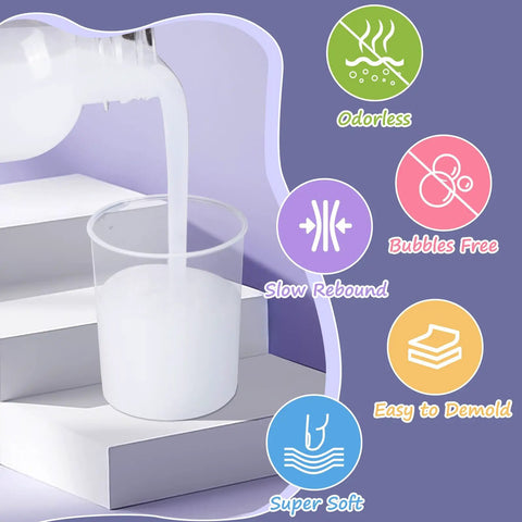 Taba Squishy Making Kit For DIY Squishies One To One AB Liquid Silicone poured into cup, highlighting odorless and bubble-free features.