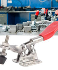 Rock Solid 304 Stainless Steel Toggle Clamp Kit With Snappy Quick Release Action For Welding Jigs And Woodworking Fixtures featuring two clamps in workshop.