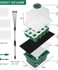 Diagram of Five Pack Sixty Cell Seedling Trays With Grow Light Kit showing parts like labels, trays, dome, USB cable, and tools.