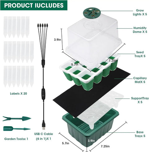 Diagram of Five Pack Sixty Cell Seedling Trays With Grow Light Kit showing parts like labels, trays, dome, USB cable, and tools.
