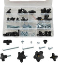 149 Piece Universal T Track and Jig Hardware Kit Featuring 1/4 Inch 20 TPI T Bolts, clear carry case with dividers