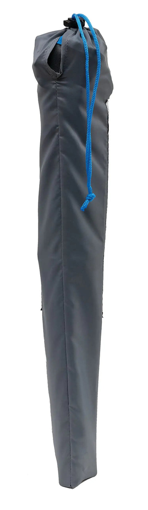 Ultralight Tri Leg Camping Stool with powder coated steel frame in gray ocean, folded in carrying case with blue drawstring.