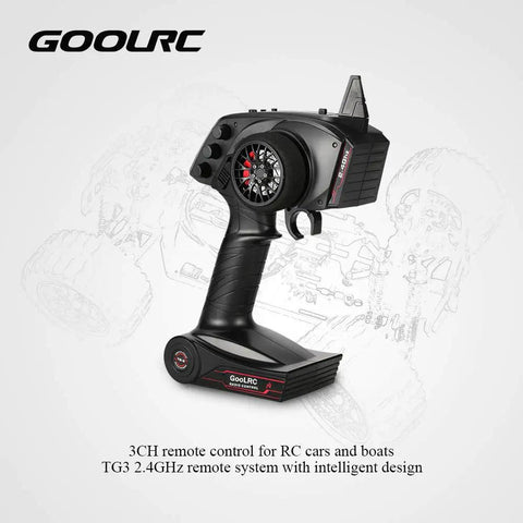 Black 2.4G 3CH AFHS radio remote control transmitter with receiver for RC car and boat, built in antenna, side view