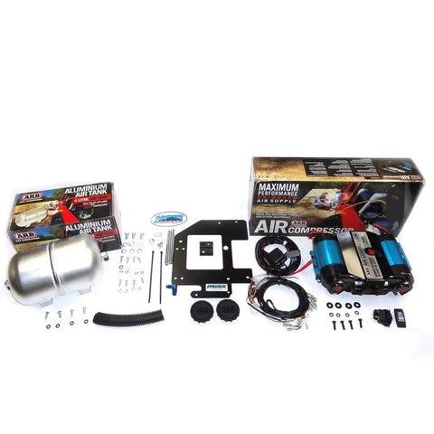 CKMTA12 12V On Board Twin High Flow Air Compressor Powerhouse with components, wiring loom, boxed packaging
