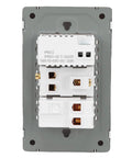 Heavy Duty Dual Wall Plate With Single Toggle 15 Amp Three Prong Receptacle Paired With Ten Watt Usb Charger Built To Survive The Daily Grind Ul Verified Heat Guard White, back view.