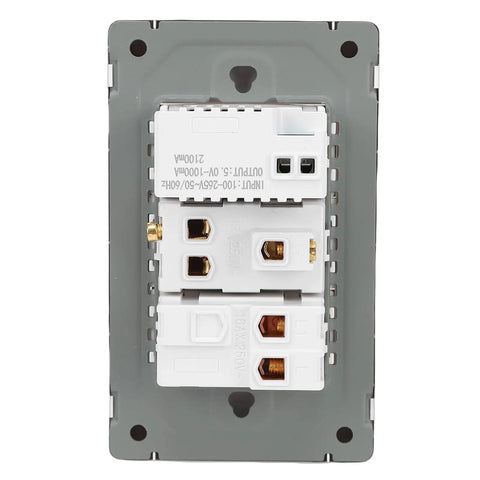 Heavy Duty Dual Wall Plate With Single Toggle 15 Amp Three Prong Receptacle Paired With Ten Watt Usb Charger Built To Survive The Daily Grind Ul Verified Heat Guard White, back view.