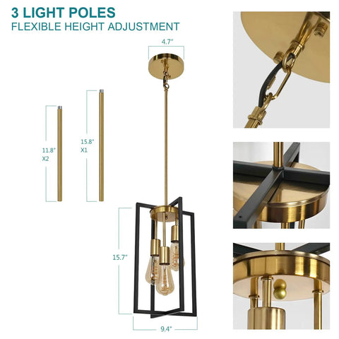 Sleek Black And Brass 3 Light Pendant Light For Kitchen Island And Dining Room Modern Industrial Farmhouse Rectangle Chandelier details