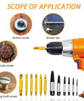 12 Piece Damaged Screw Extractor Set For Stripped Screws And Bolts shown with drill, rusted screws, and extractor bits.