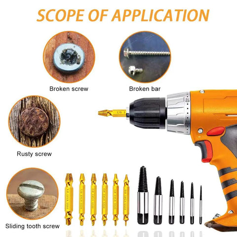 12 Piece Damaged Screw Extractor Set For Stripped Screws And Bolts shown with drill, rusted screws, and extractor bits.