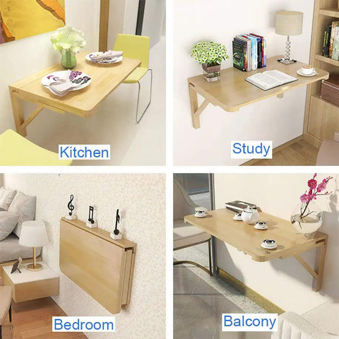 Fold Away Wall Table In Natural Wood, 31.4 By 23.6 Inches, Grab-And-Go Space Saving Countertop For Laundry, Kitchen, Or Workshop