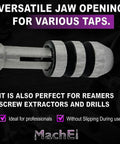 Close-up of Three Piece T Handle Tap Wrench Set with solid collet jaws for effortless tapping, shows jaw opening mechanism.