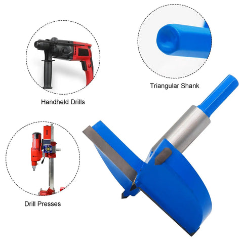 Pro Grade Forstner Drill Bit 24mm Tungsten Carbide Wood Hole Cutter with round handle, shown with handheld drill and drill press.