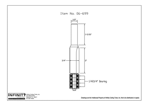 Technical drawing of half inch shank flush trim router bit with four bearings for car audio panels, carbide tip, heavy duty.