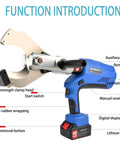 Cordless Electric Hydraulic Cable Cutter with Digital Display, dual 18V 4.0Ah Lithium Batteries, labeled parts, blue design.