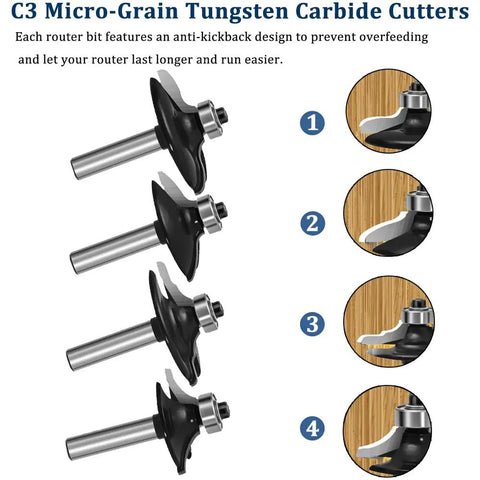 Dope 1/4 Inch Shank Router Bit Set For Door And Drawer Front Edging, 4 Piece Woodworking Milling Tools next to wood samples