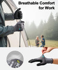 Person wearing Six Pairs Pack Micro Foam Nitrile Coated Work Gloves with Seamless Knit Nylon Black Micro Foam Nitrile Grip while setting up a tent.