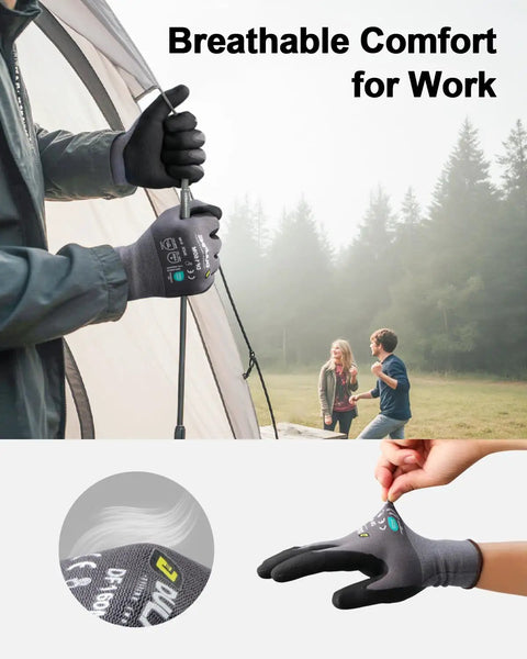 Person wearing Six Pairs Pack Micro Foam Nitrile Coated Work Gloves with Seamless Knit Nylon Black Micro Foam Nitrile Grip while setting up a tent.