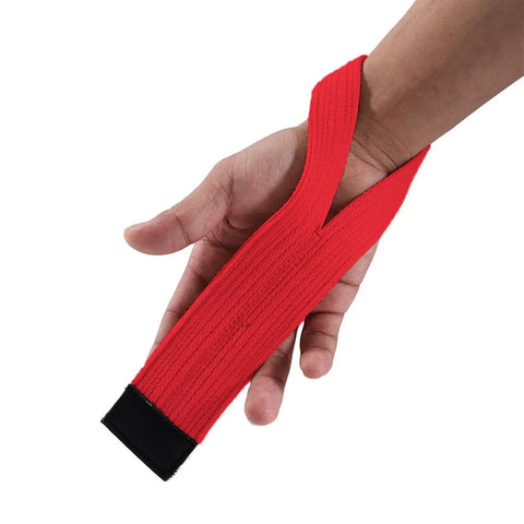 Hand holding a red, durable polyester lifting wrist strap, part of 2 Pack Lifting Wrist Straps And Grip Booster Belts For Weightlifting And Strength Training