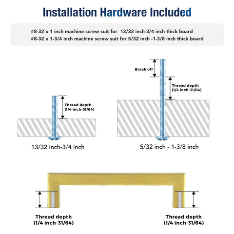 Gold Cabinet Pulls 10 Pack Five Inch Square Drawer Handles installation hardware diagram with measurements