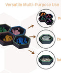 Hexagonal Magnetic Board Game Tray Organizer Set With Flexible Layouts 7 Pack for storing dice, cards, tokens in black finish.