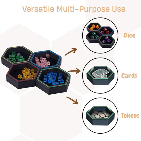 Hexagonal Magnetic Board Game Tray Organizer Set With Flexible Layouts 7 Pack for storing dice, cards, tokens in black finish.