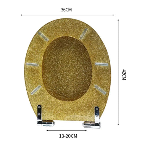 Shimmer Silver Glitter Toilet Seat With Smooth Soft Close Hinges And Quick Swap Nonslip Bumpers For Standard Elongated Models, top view with dimensions.