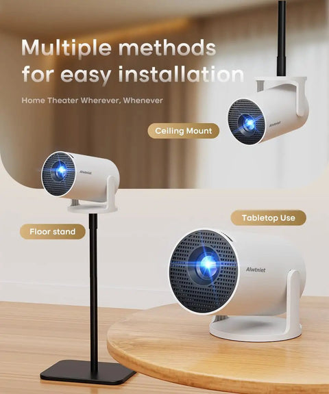 Multiple installation methods for 4K Portable Projector With WiFi 6 And Bluetooth 5.4 Android 14 Smart Projector, floor, ceiling, tabletop.