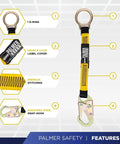 Image of an 18-inch D-ring extender with a snap hook from the Five Point Full Body Fall Protection Harness Kit With Six Foot Lanyard And Snap Hook Eighteen Inch D Ring Extender Worksite Ready Safety Glasses And Kit Bag In Red Universal, featuring premium stitching and anodized steel.