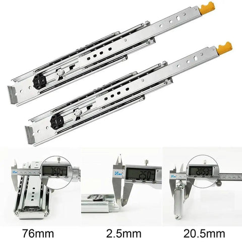 Heavy Duty Full Extension Drawer Slides With Ball Bearing Side Mount Rails, Built Like A Tank Industrial Steel Glides That Move Like Butter For Cabinetry And Furniture, Rock Solid 220 Pound Rating 80 Inch Pair with measurements shown.