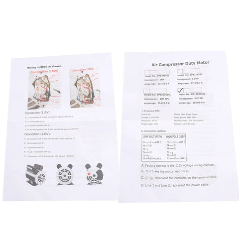Connection instructions for 3 HP SPL Air Compressor Motor 56 Frame 3450 RPM Single Phase 60 Hz Five Eighths Shaft 115 230V