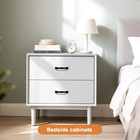 White bedside cabinet with books, clock, and lamp featuring 10 Pack Matte Black Cabinet Pulls With 3 Inch Hole Center 76mm Zinc Alloy Drawer Handles