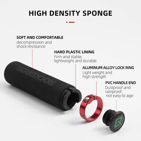 Premium Foam Lock On Bike Grips For Mountain Biking And More shown disassembled with components labeled, including high density sponge.