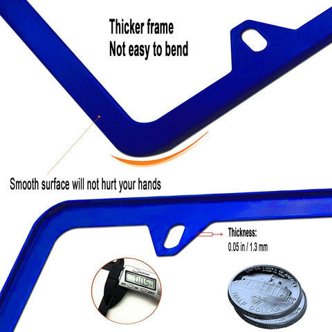Dope Blue Aluminum License Plate Frames Front And Rear Set 2 Pack Slim 4 Hole Car Tag Covers with thickness features