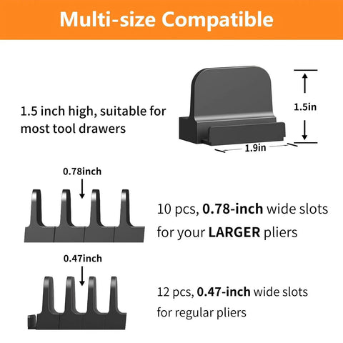 Diagram showing Modular Plier Organizer For Toolbox And Drawer Storage Flexible Pliers Holders with multi-size slot dimensions.