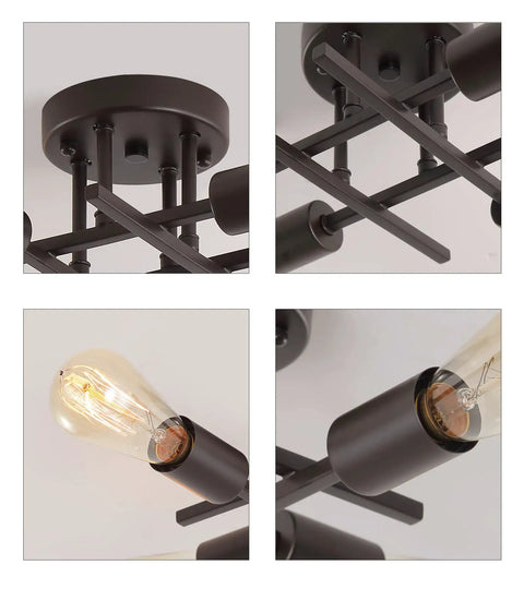 Close-up of Four Light Black Semi Flush Mount Ceiling Light With Industrial Mid Century Vibe For Hallway Bathroom Bedroom Kitchen Dining Room Porch And Laundry UL Listed, showing bulb details and black finish