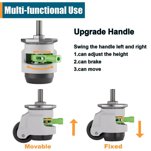 Heavy Duty Stem Leveling Casters Set Of 4, 2200 Lbs Load Capacity showing adjustable handle for height and brake functions