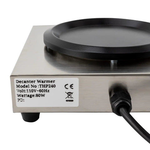 Professional Stainless Steel Coffee Warmer Plate, 80W Electric Mug Heater For Desk And Home with black round pad on top.