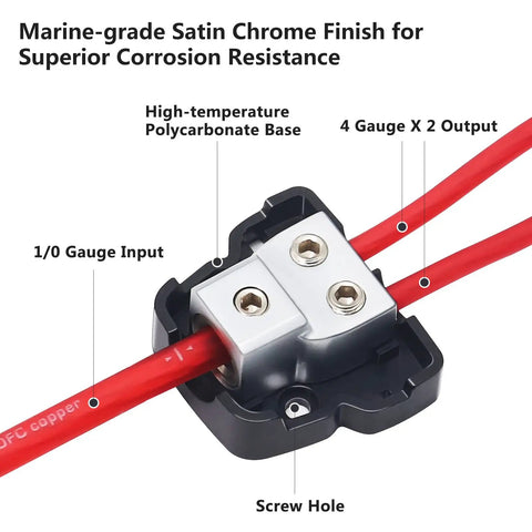 Two Way Car Audio Power Distribution Block Ground Distributor 2 Pack In 0, 2, 4 Gauge Out 4, 8 Gauge Zinc Die Cast Construction Marine Grade Satin Chrome Finish High Performance Power and Ground Splitter 1/0 input