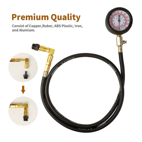 Oil pressure tester kit with 3-inch dual-scale gauge (0–140 psi) and hose with brass 90-degree elbow adapters.