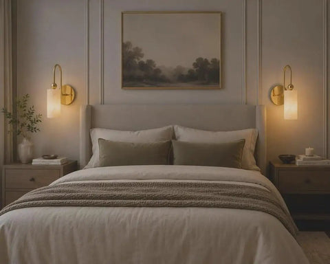 Modern Alabaster Wall Sconce - Natural Marble Wall Lamp with Luxury Brass Finish, hardwired decorative wall light in a bedroom.