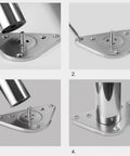 Installation steps for Beefy Adjustable Metal Furniture Legs Stainless Steel Table Legs and Cabinet Feet, showing screws and base.