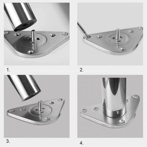 Installation steps for Beefy Adjustable Metal Furniture Legs Stainless Steel Table Legs and Cabinet Feet, showing screws and base.