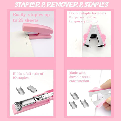 Stapler, staple remover, and staples from Blue Desk Accessories Set 16 Piece Office Supplies Kit With Stapler Tape Dispenser Pen Holder