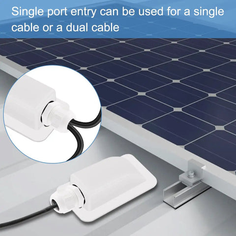 Solar Cable Entry Gland Single Port Waterproof ABS IP68 Duct 3-12mm 2 Pack for RVs, Boats, with solar panel wiring and mounting.