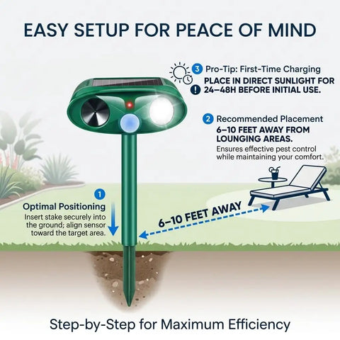 Ultrasonic Deer Repellent For Plants 4 Pack With Solar Power And Motion Sensor Strobe Light Outdoor Animal Deterrent Keeps Deer Rabbits Cats Raccoons And Squirrels Out Of Your Yard And Garden, green solar stake, installation guide